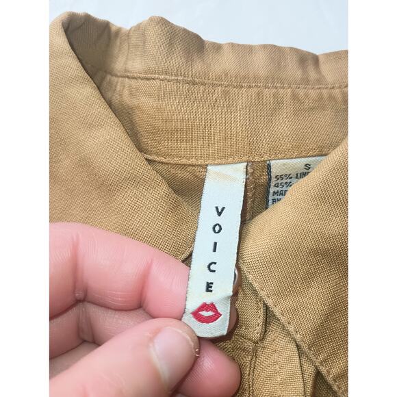 Voice 3/4th Rolled Sleeve Military Style Khaki Button Down Jacket, Linen Small. - Picture 2 of 5